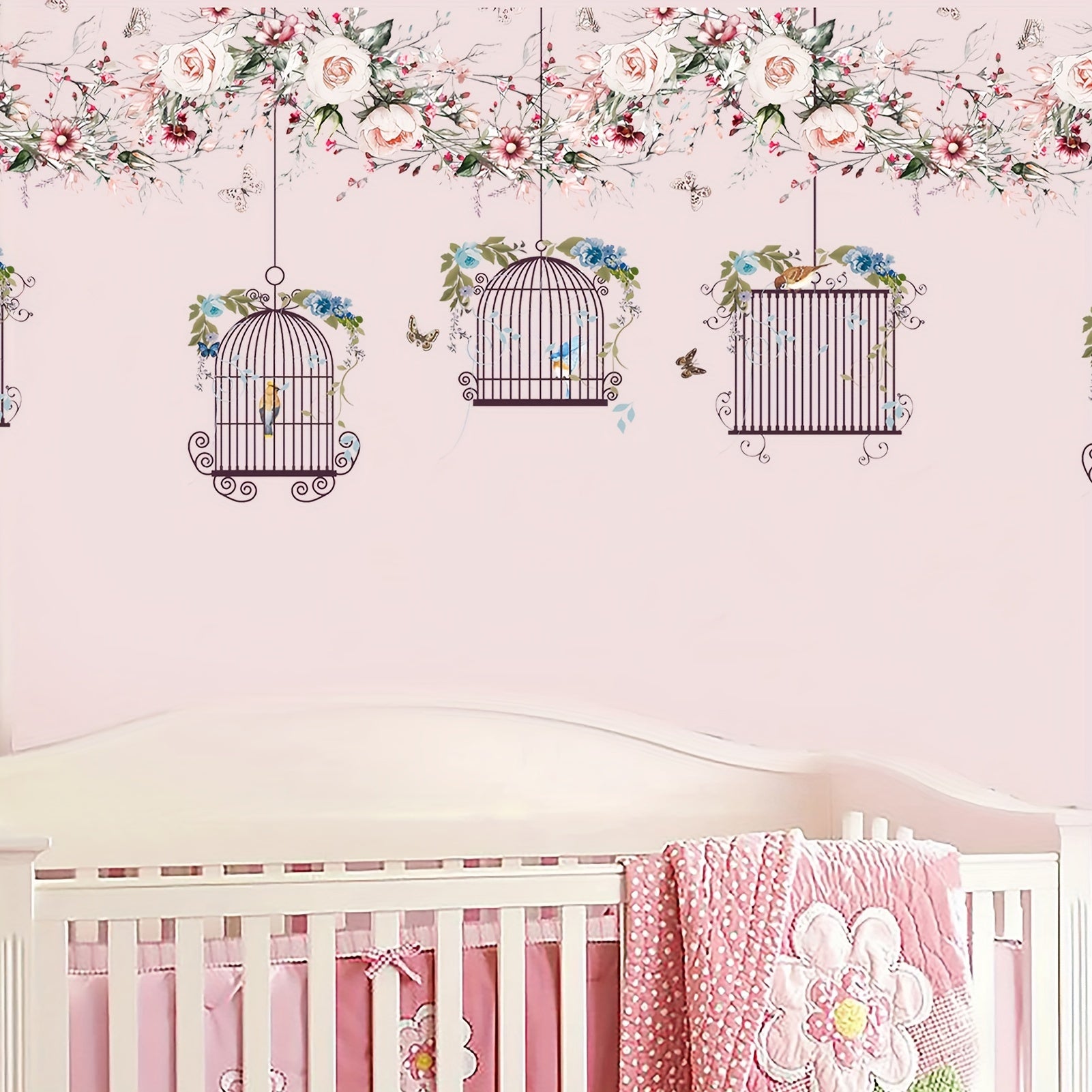 Flowers Wall Stickers DIY Butterfly Green Leaves Birdcage Parrots Wall Decals