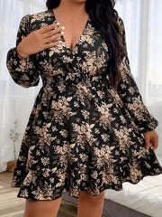 Floral Print Lantern Sleeve Plus Size Dress