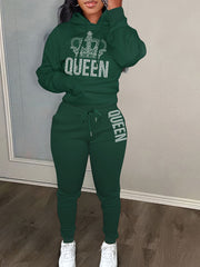 Women's Plus Crown & Letter Print Hoodie & Joggers Outfit Set