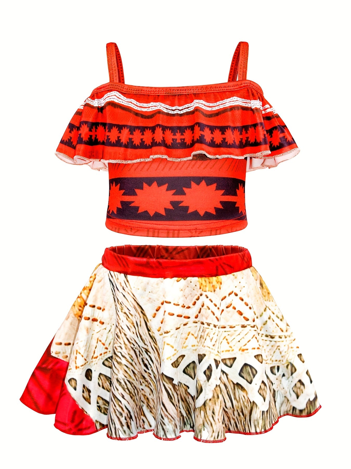 Girls 2 Piece Bikini Swimsuit Geometric Ruffled Strappy Bikini Top & Mini Skirt