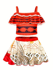 Girls 2 Piece Bikini Swimsuit Geometric Ruffled Strappy Bikini Top & Mini Skirt