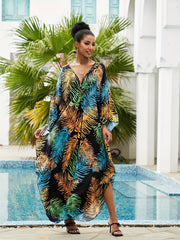 Boho Tropical Print Kaftan Dress V Neck Split Maxi Beach Dress