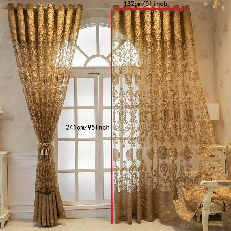1pc Coffee European Embroidered Hollow Window Sheer Curtains