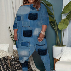 Denim Print One Shoulder Tunic Top & Leggings Set