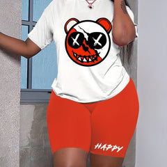 Women's Plus Bear Print T Shirt & Shorts Two Piece Set