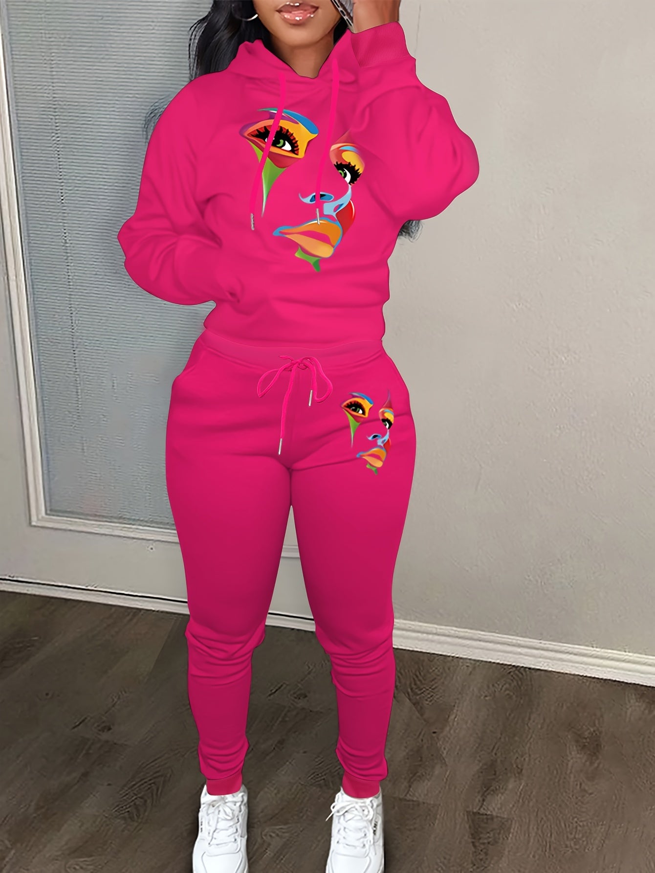 Women's Plus Size Abstract Figure Print Hoodie & Joggers 2 Piece Set