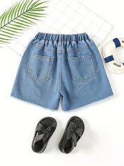 Girls' Ripped Denim Shorts Elastic Waist Summer Shorts