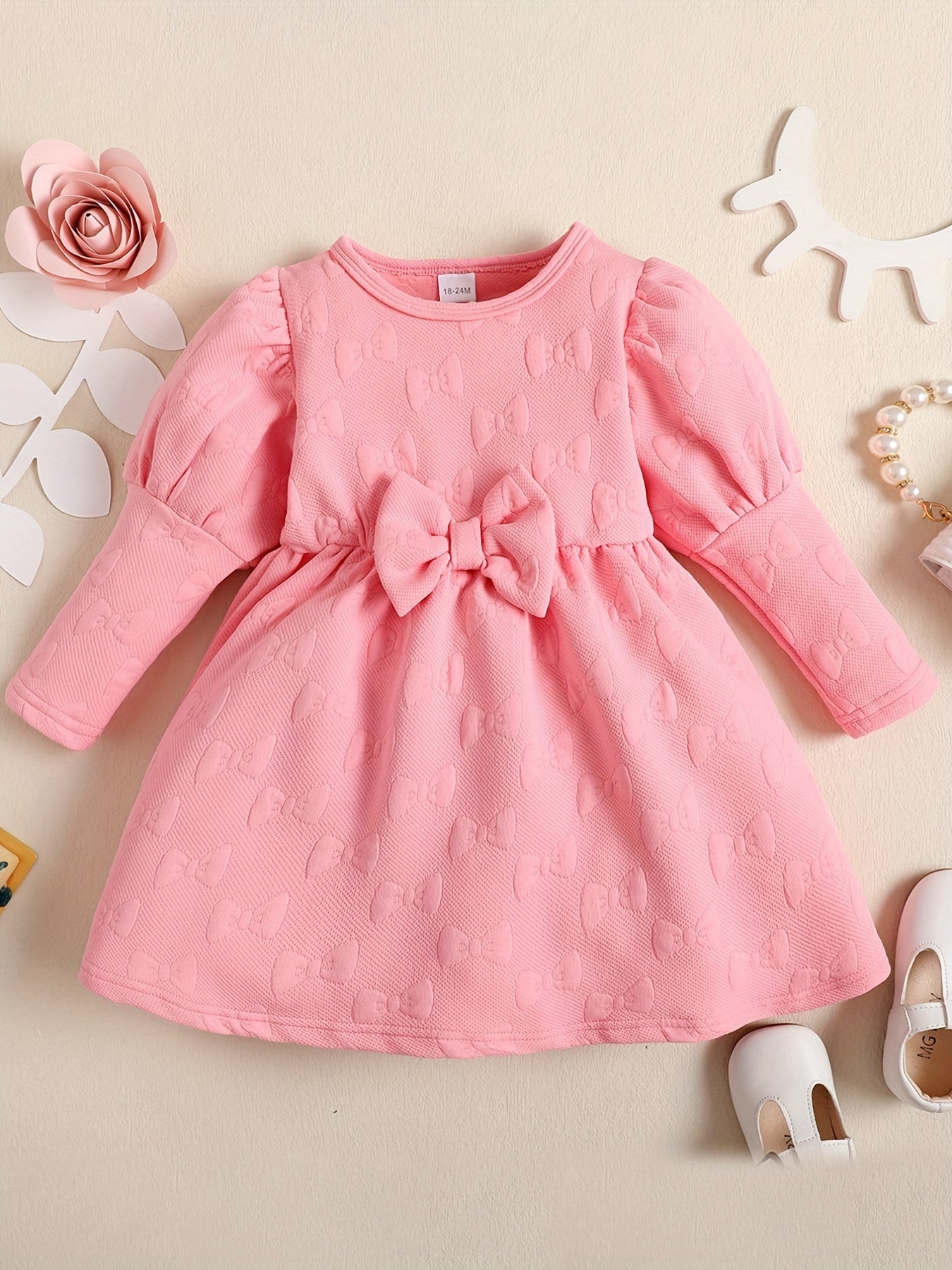 Girls' Bows Textured Puff Long Sleeve Princess Dress