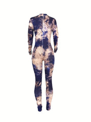 Tie Dye Print Skinny Jumpsuit Crew Neck Long Sleeve Women's Clothing
