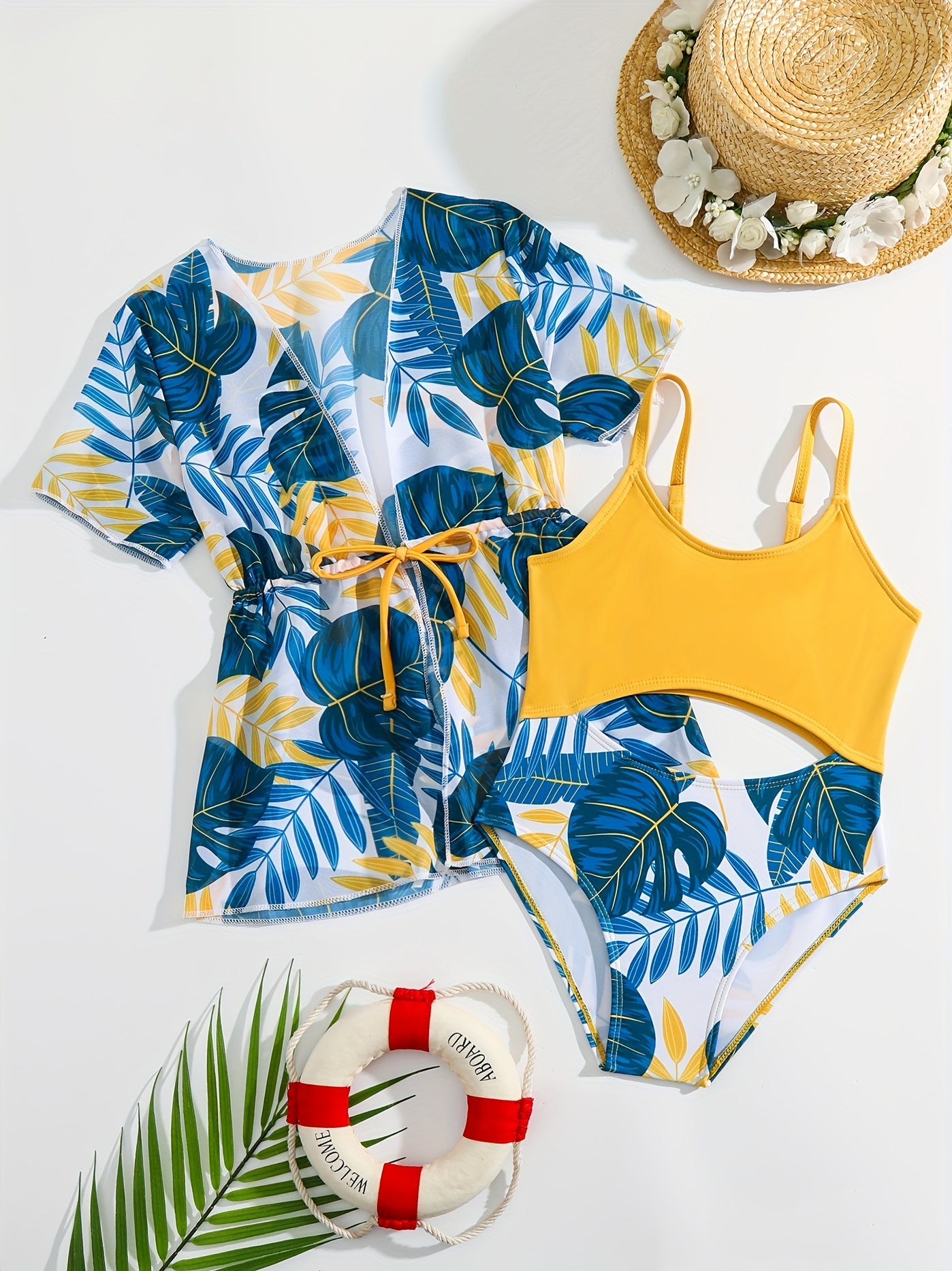2pc Tropical Leaf Print One Piece Swimsuit & Cover Up Kimono