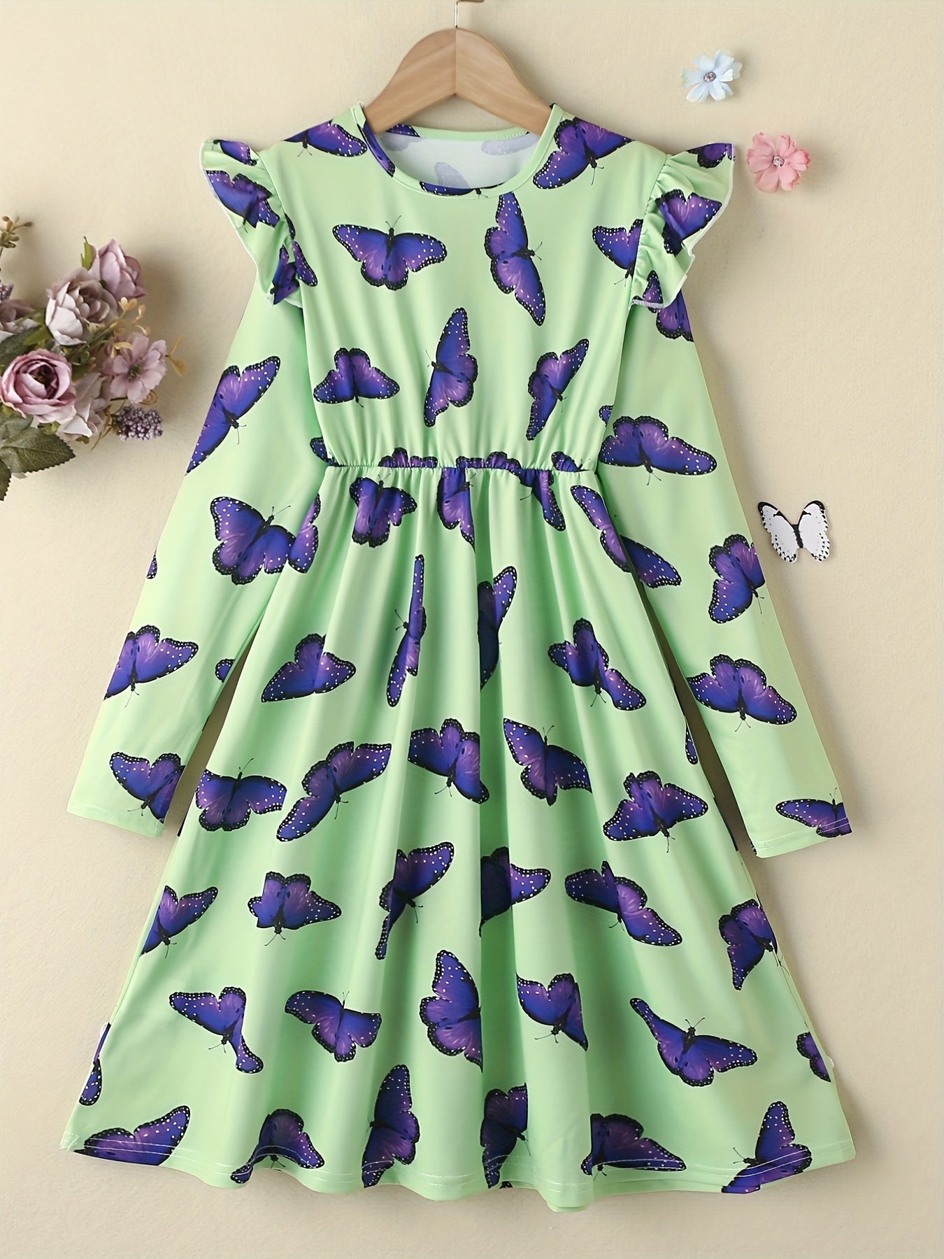 Girls Butterfly Print Ruffle Princess Dress Long Sleeve Holiday Party Outfit