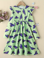 Girls Butterfly Print Ruffle Princess Dress Long Sleeve Holiday Party Outfit