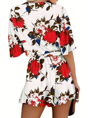 Boho V Neck Half Sleeve Jumpsuit Tie Waist Casual Jumpsuit