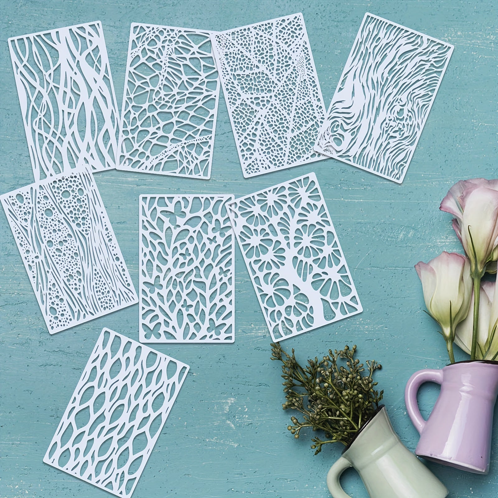 8pcs Art Texture Painting Stencils Reusable Plastic Stencils Laser Cut Template