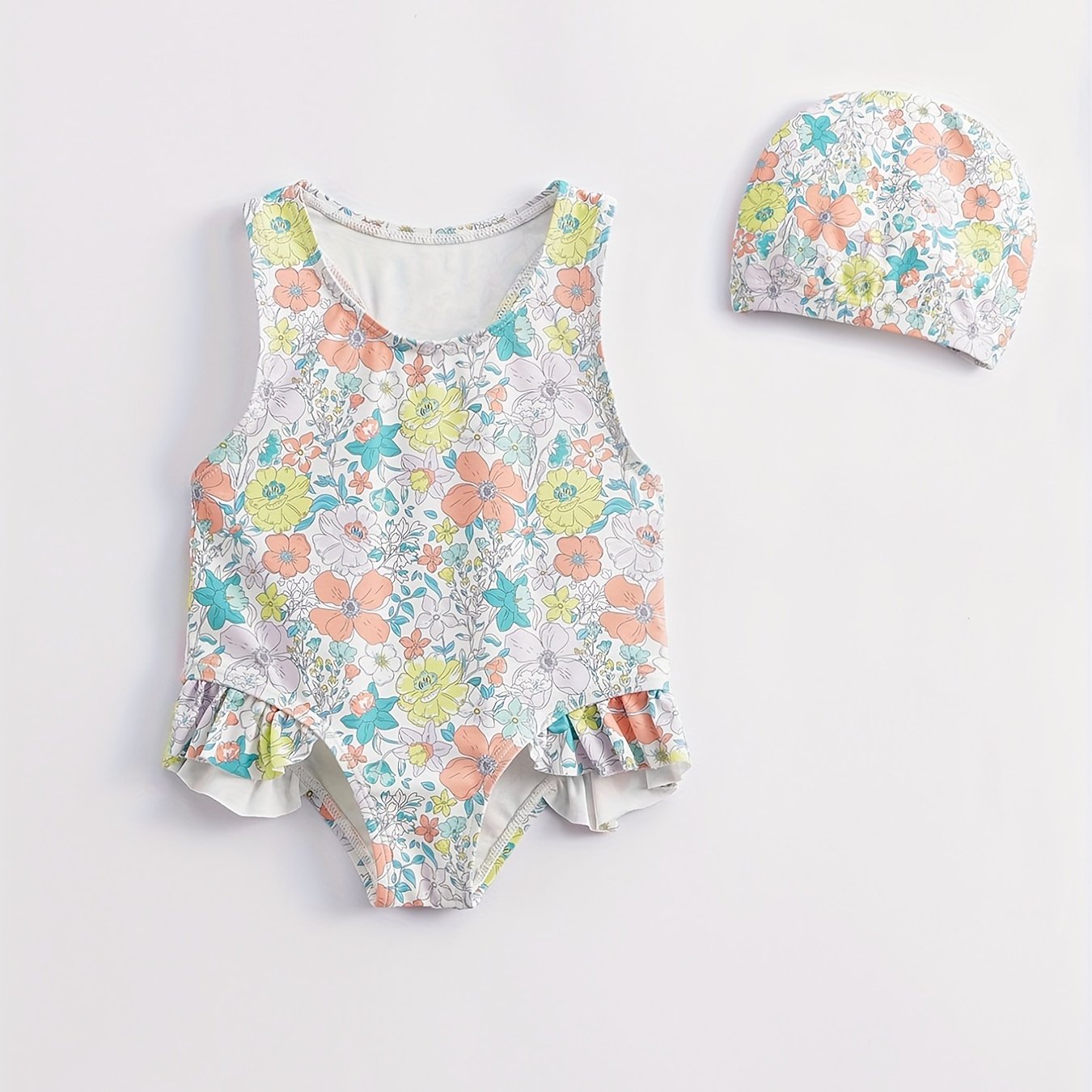 Toddler Girls Fish Pattern Swimsuit & Swim Hat Set