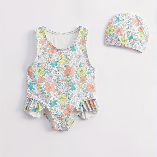 Toddler Girls Fish Pattern Swimsuit & Swim Hat Set