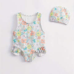Toddler Girls Fish Pattern Swimsuit & Swim Hat Set