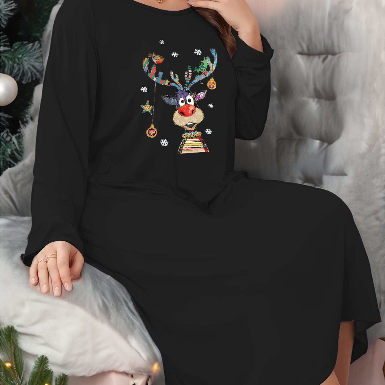 Christmas Reindeer Lounge Dress Long Sleeve Nightdress