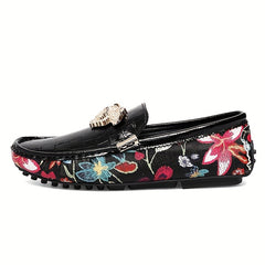 Floral Print Loafers Metal Decor Slip On Shoes Low Top Flat Shoes