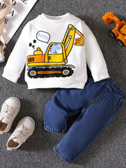 Boys Infant Cartoon Print Sweatshirt Top Denim Set