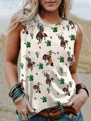 Cartoon Figure Cactus Print Tank Top Round Neck Medium Stretch Tank
