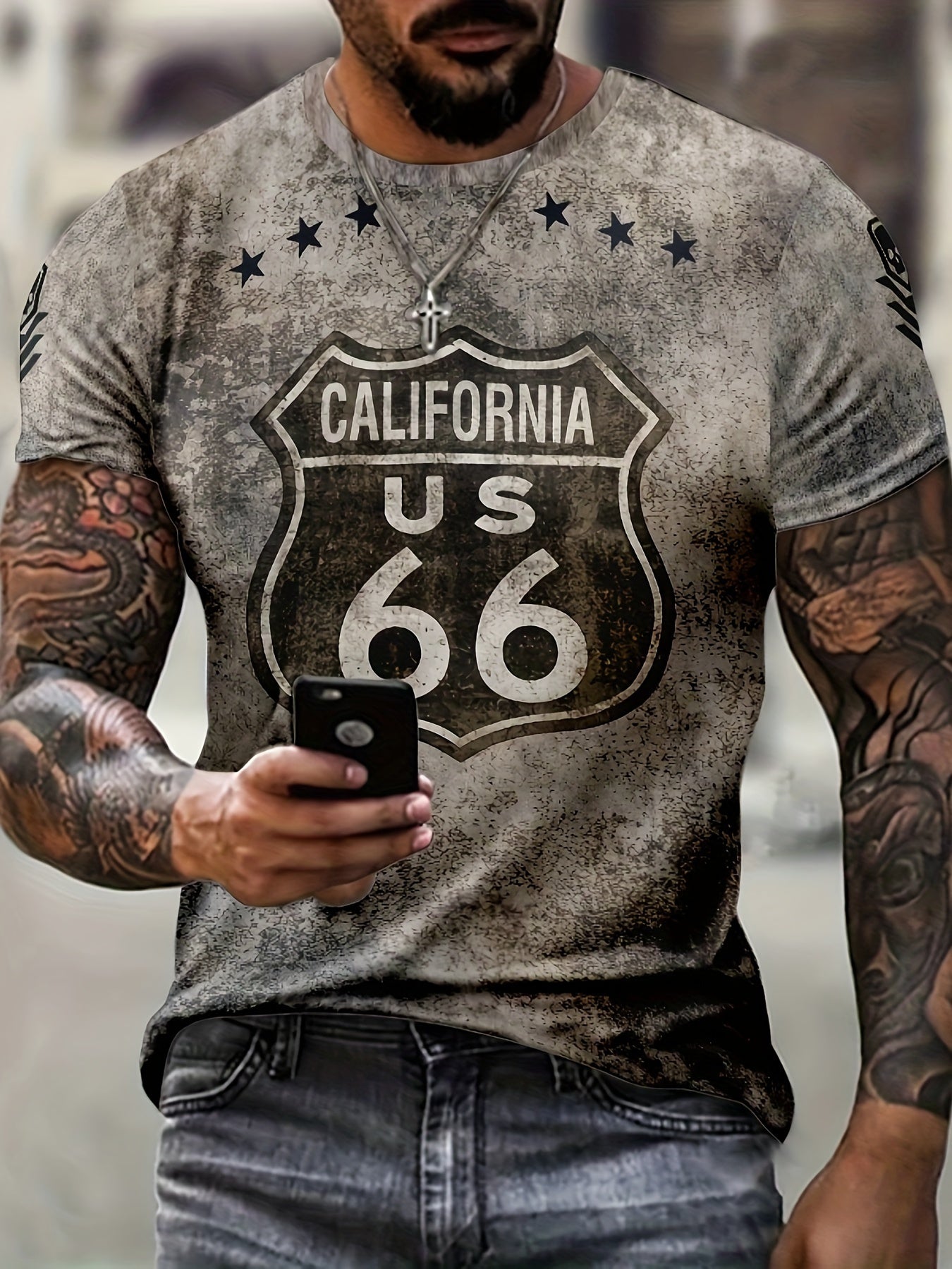 Men's Casual 3D Print Tee Shirt Street Style Stretch Round Neck for Summer