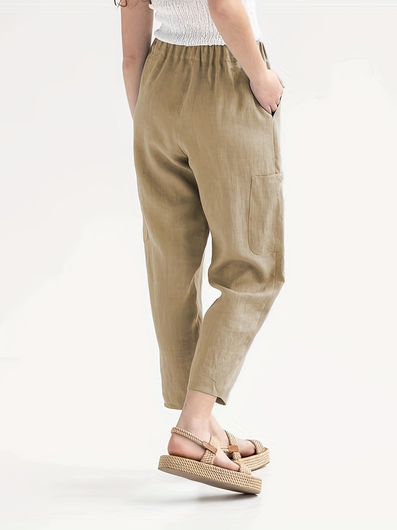 Elastic Waist Cropped Pants with Pockets for Women