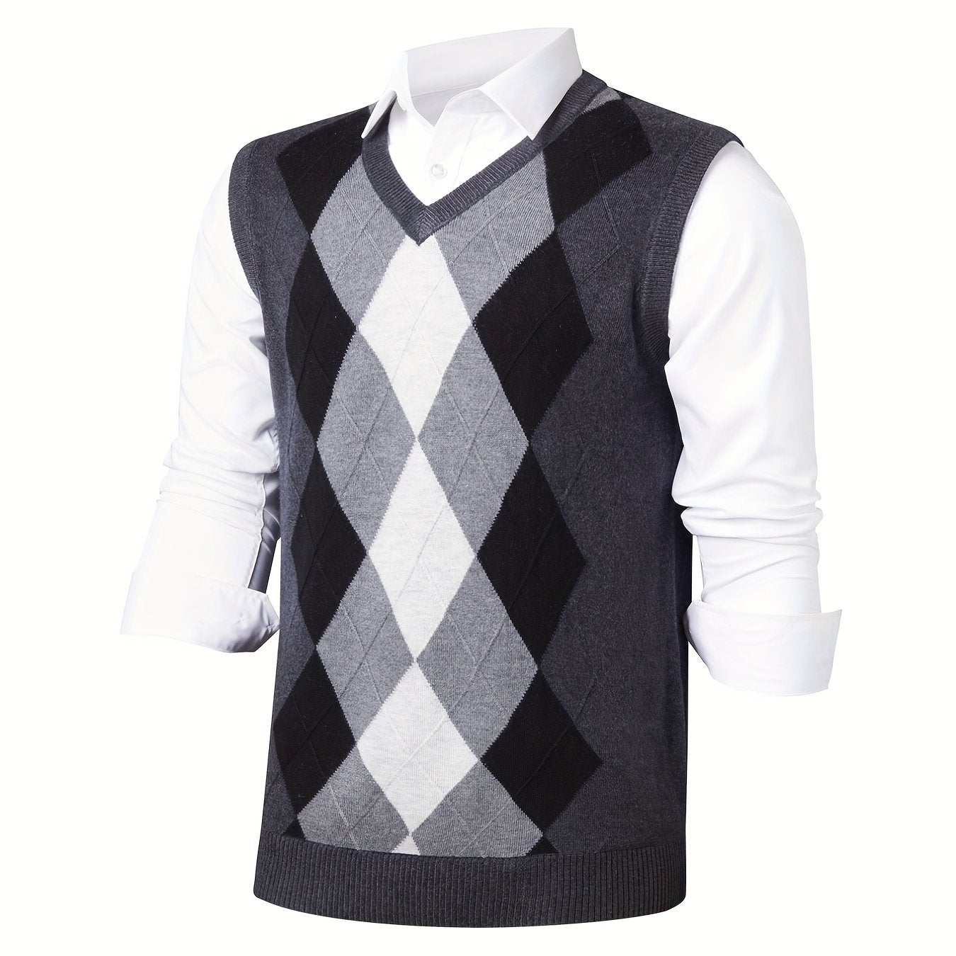 Men's V-Neck Argyle Casual Knitted Sweater Vest for Autumn Winter