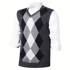 Men's V-Neck Argyle Casual Knitted Sweater Vest for Autumn Winter
