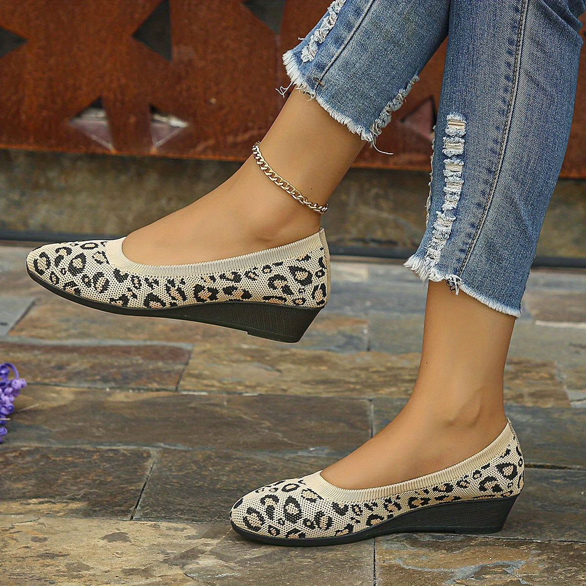 Leopard Print Wedge Heeled Knit Shoes - Casual & Lightweight