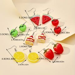 12 Pairs Funny Fruit Cake Dangle Drop Earrings For Girls