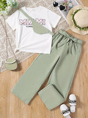 Girl's Letter T Shirt Set With Pants & Bag