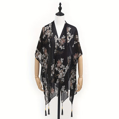 Flower Print Tassel Shawl Thin Gauze Scarf Outdoor Beach Towel Cover