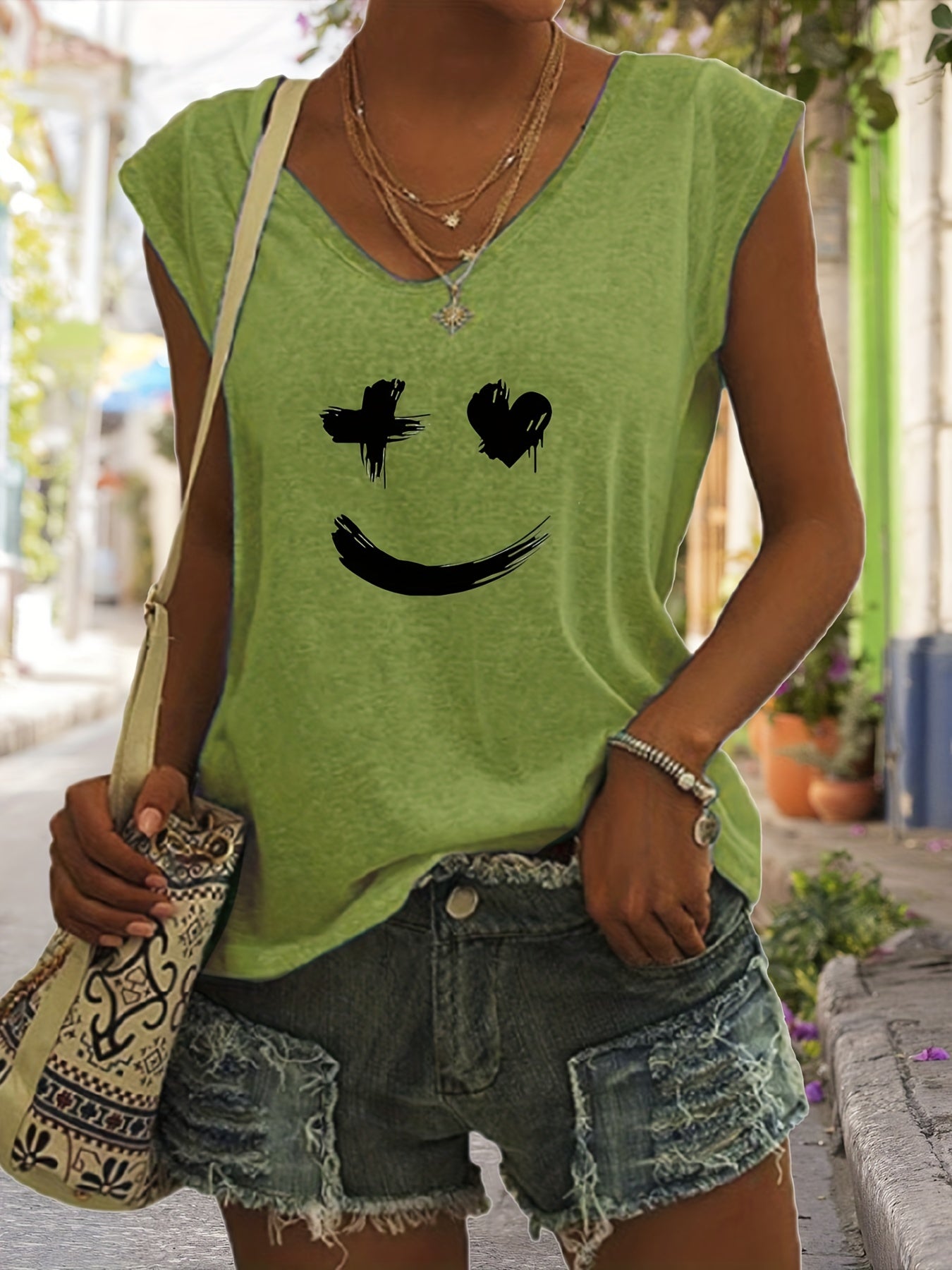 Smile Print V Neck Tank Top Women's Sleeveless Casual Summer Tank
