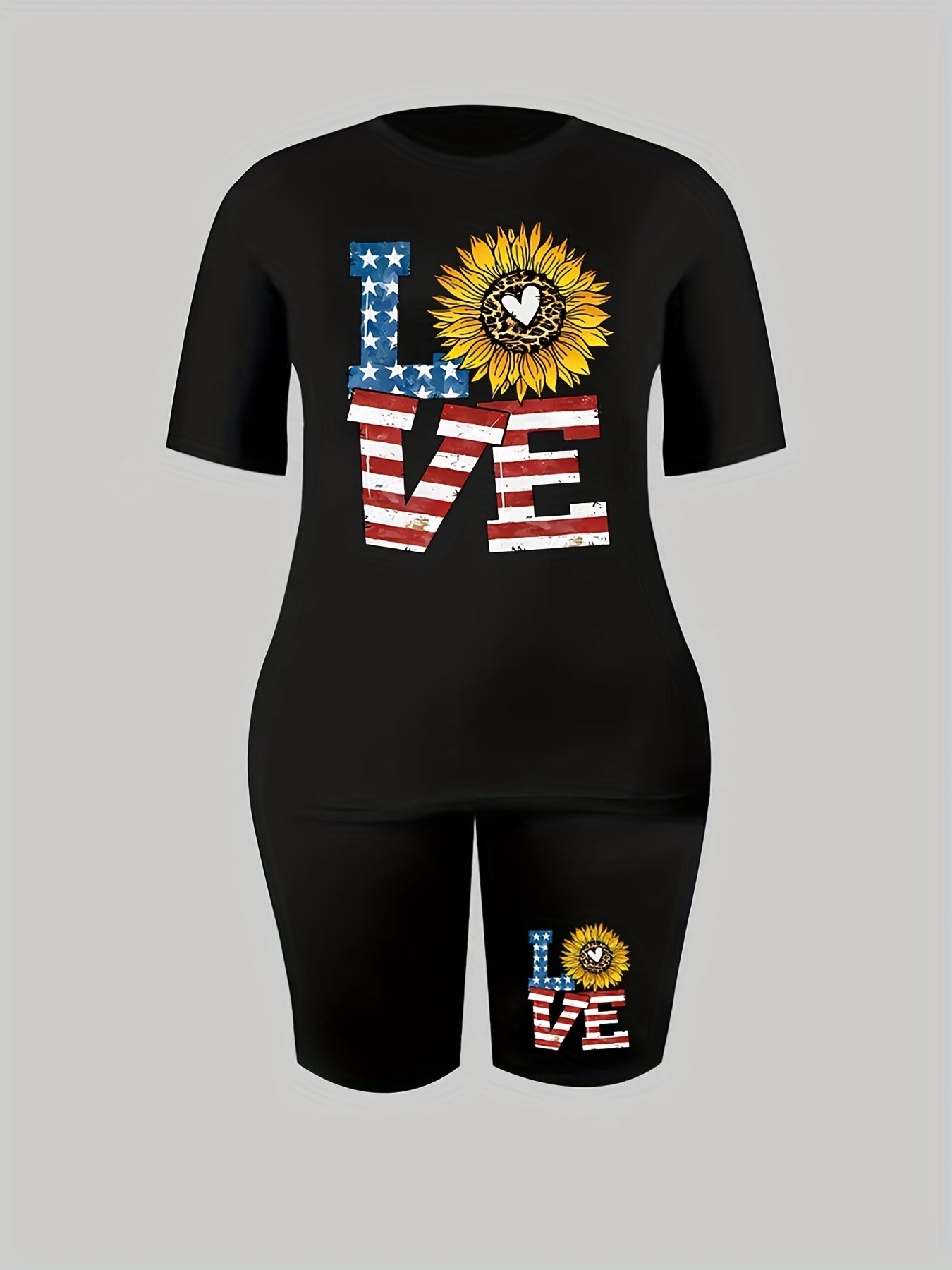 Women's Plus Flag Letter & Leopard Sunflower Print Top & Shorts Set