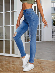 Ripped Water Ripple Embossed Crotch Slim Fit Jeans Distressed Washed