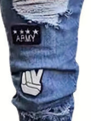 Slim Fit Ripped Patchwork Jeans Mens Casual Street Style Mid Stretch Denim Pants