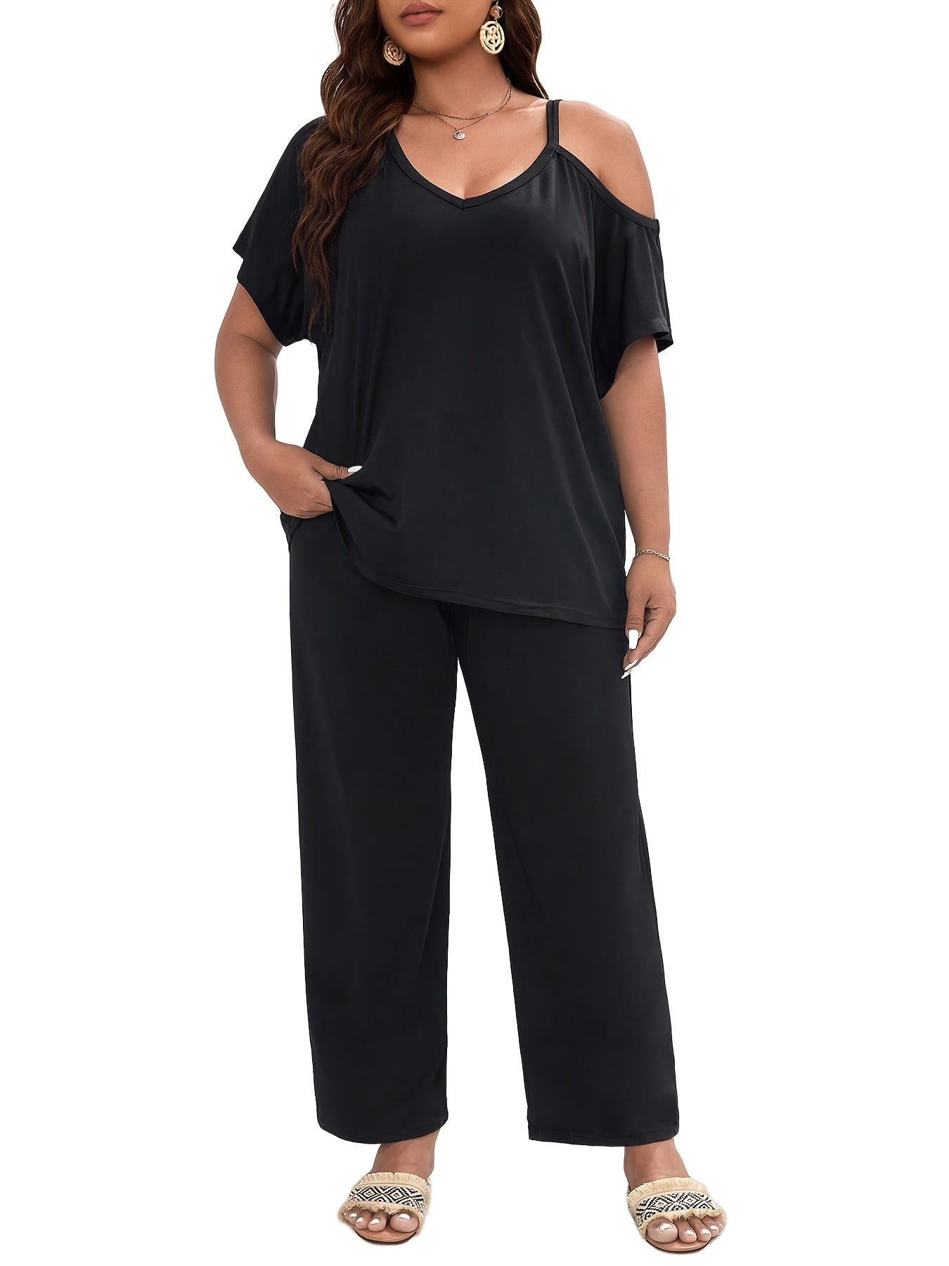 Solid One Shoulder Cut Out Top & Pants Set