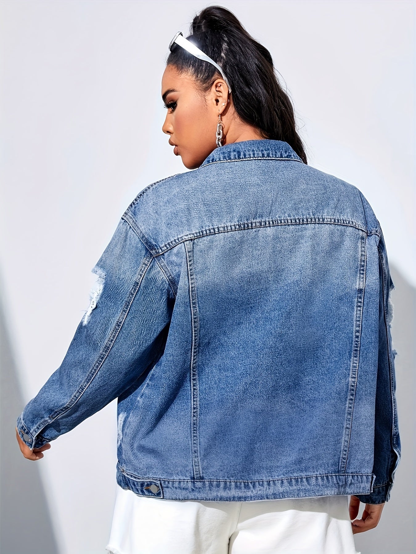 Casual Denim Jacket Women's Plus Washed Ripped Long Sleeve Button Up