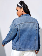 Casual Denim Jacket Women's Plus Washed Ripped Long Sleeve Button Up