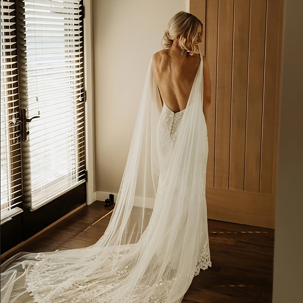 Sheer Bridal Cape Long Soft Tulle Wedding Shawl for Boho Ceremony