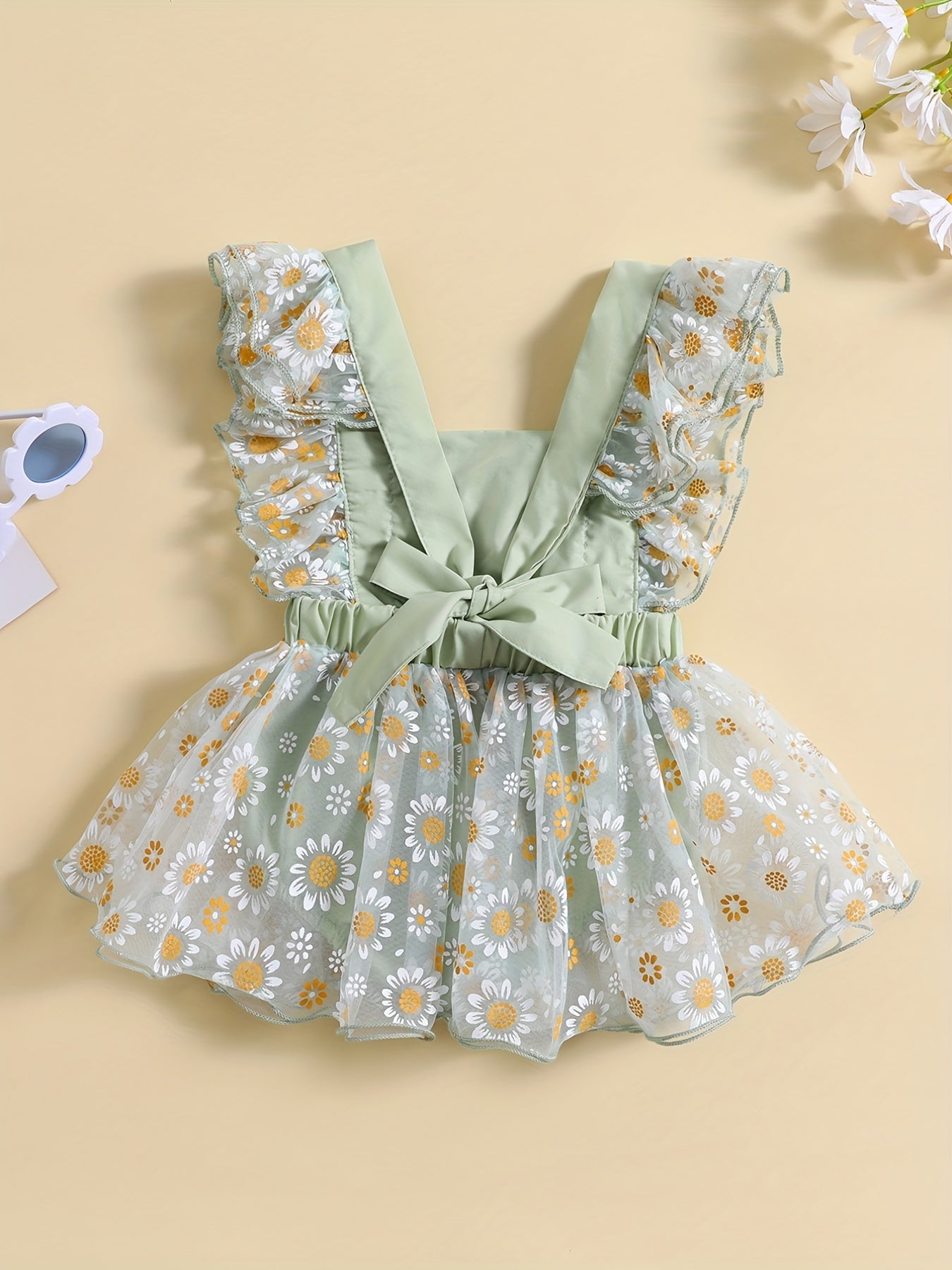 Summer Flower Princess Dress with Mesh Sleeves & Daisy Flower Decor
