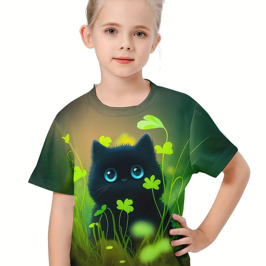 Girls Boys 3D Cat & Shamrock Graphic Tee Top