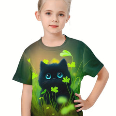 Girls Boys 3D Cat & Shamrock Graphic Tee Top