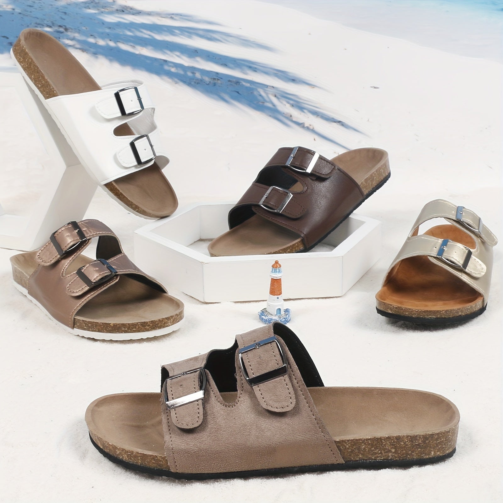 Women's Cork Footbed Slides Two Buckle Strap Non Slip Flat Shoes