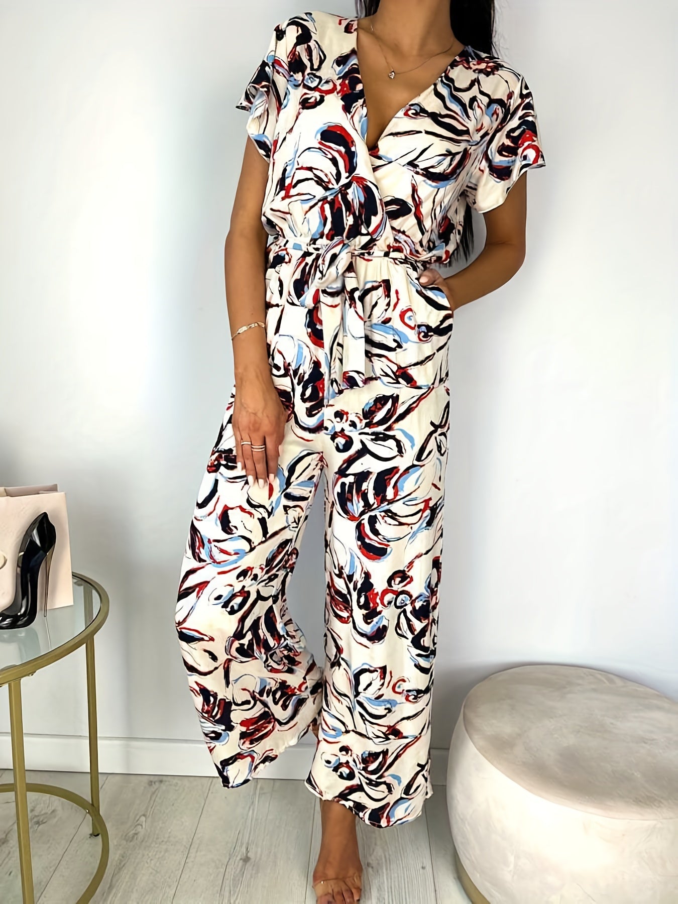 Floral Print Surplice Neck Jumpsuit Ruffle Sleeve Wide Leg