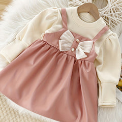Sweet Girls Puff Long Sleeve Bow Dress Splicing Dress