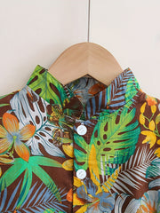 Boys Leaf & Flower Print Outfit Shirt & Shorts Kids Summer Clothes Sets