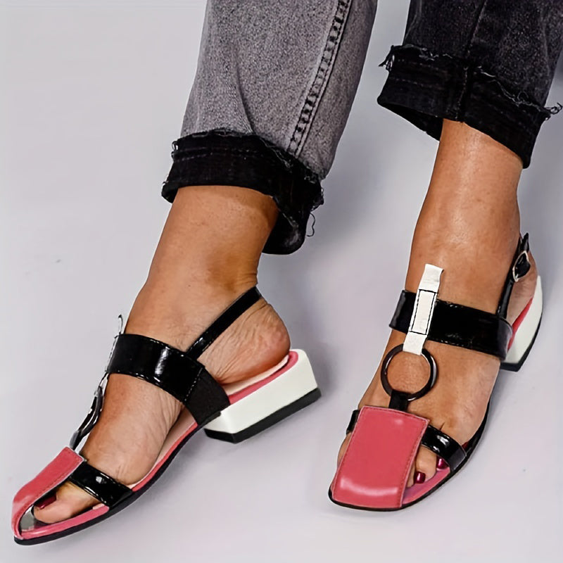 Colorblock Low Heel Sandals Adjustable Strap Block Heel Shoes