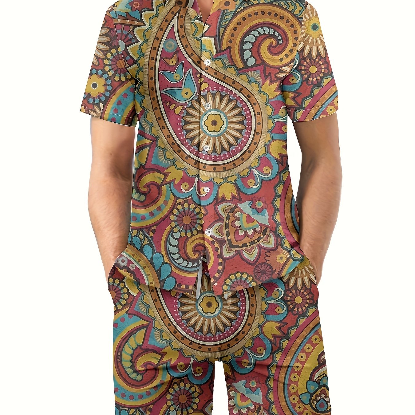 Ethnic Pattern Men's 2Pcs Hawaiian Shirt And Shorts Set